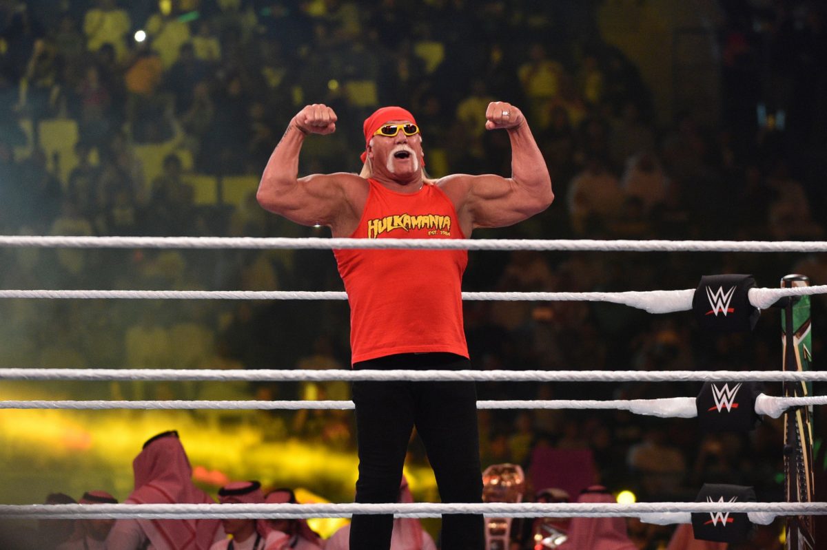 Wrestling legend Hulk Hogan greets the crowd during the World Wrestling Entertainment (WWE) Crown Jewel pay-per-view at the King Saud University Stadium in Riyadh on Nov. 2, 2018. (Fayez Nureldine/AFP via Getty Images)