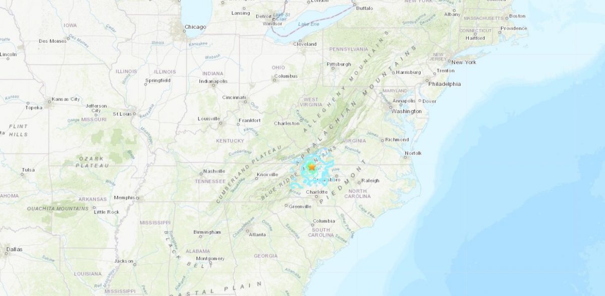 A map of the area where a 5.1 magnitude earthquake shook parts of North Carolina and Georgia on Aug. 9, 2020. (USGS)