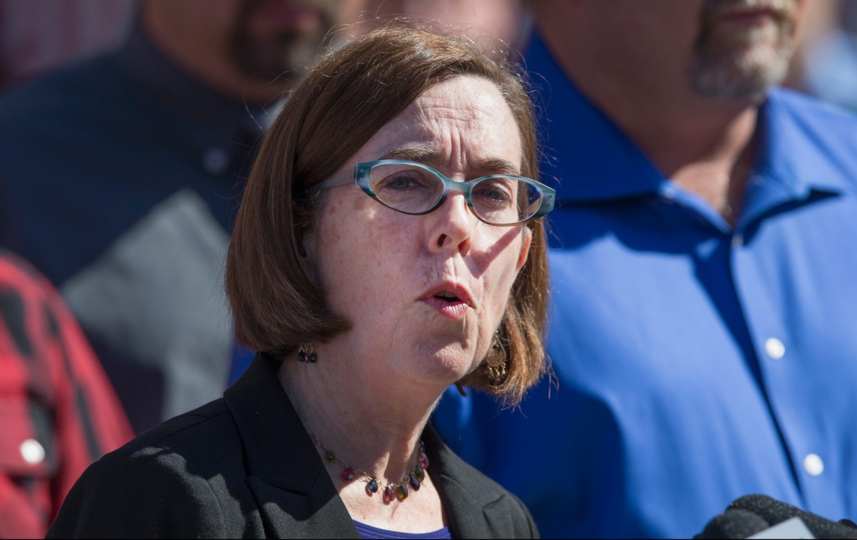 Oregon Gov. Kate Brown speaks to the press at Umpqua Community College in Roseburg, Ore., on Oct. 2, 2015. (Scott Olson/Getty Images)