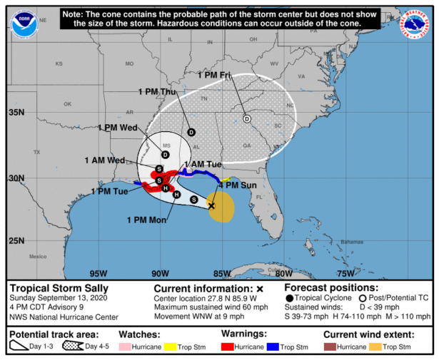 The National Hurricane Center's "cone of uncertainty" forecast model for the storm predicts that it will arrive at Louisiana's southeastern coast at around 1 a.m. Tuesday. (NHC)