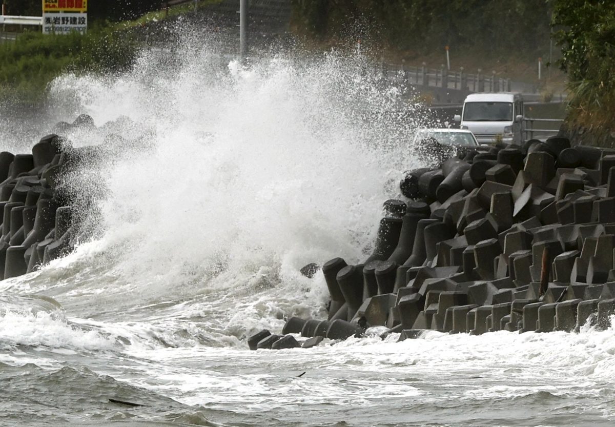 High waves pound the coast of the Kagoshima city, southwestern Japan on Sept. 6, 2020. (Takuto Kaneko/Kyodo News via AP)