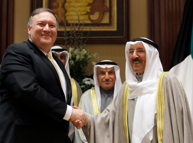 U.S. Secretary of State Mike Pompeo (L) shakes hands with Kuwait's Emir Sheikh Sabah Al-Ahmad Al- Jaber Al-Sabah, in Kuwait City, Kuwait, on March 20, 2019. (Jim Young/Pool Photo via AP)