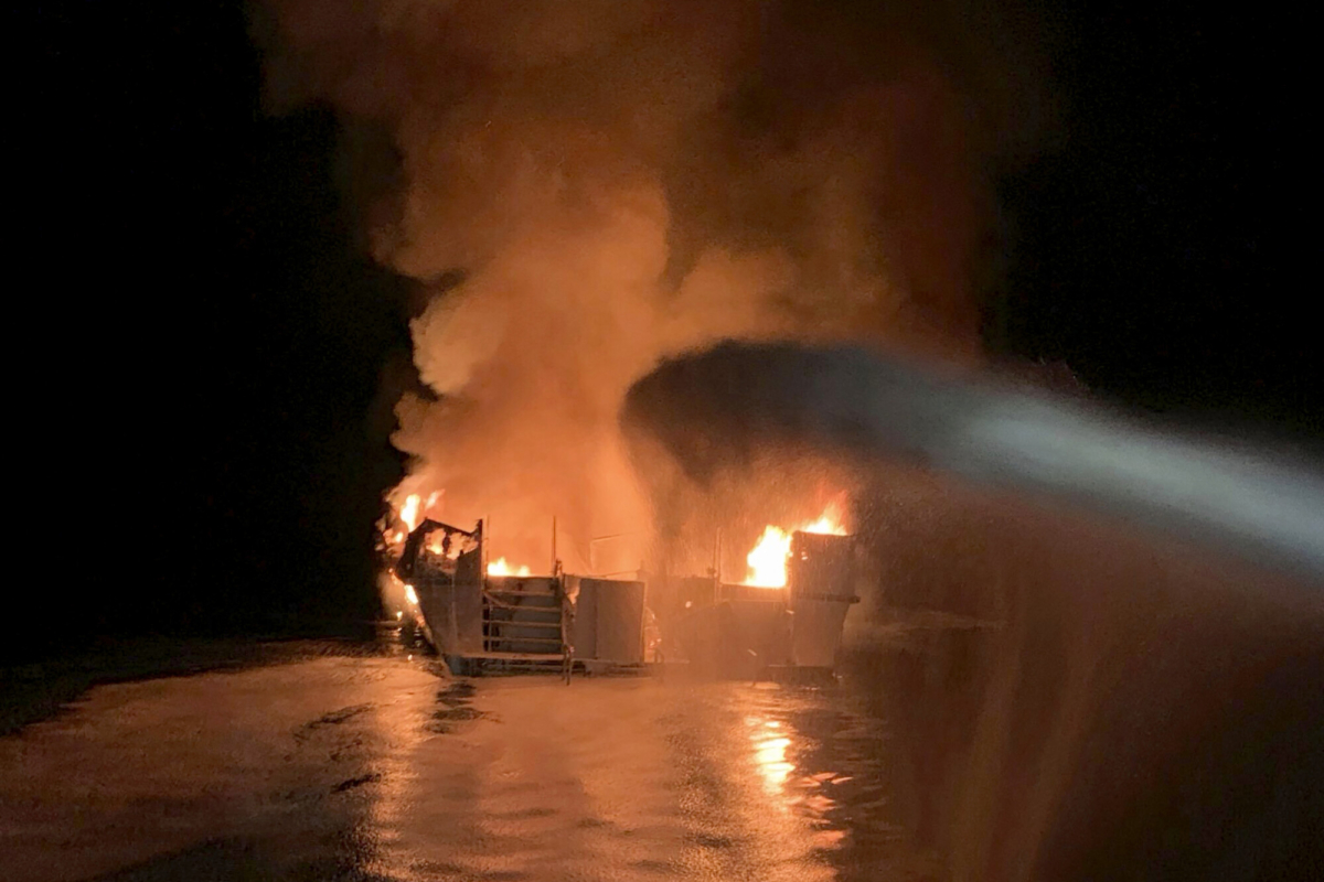 VCFD firefighters respond to a fire aboard the Conception dive boat fire in the Santa Barbara Channel off the coast of Southern California on Sept. 2, 2019. (Ventura County Fire Department via AP)