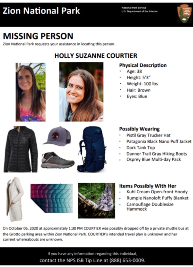 Missing person flyer for 38-year-old Holly Suzanne Courtier. (Zion National Park)
