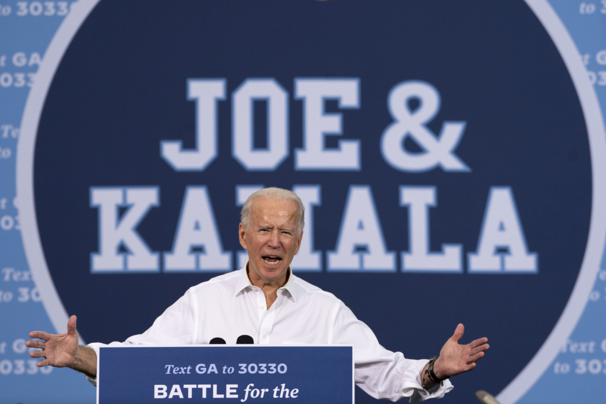 Democratic presidential nominee Joe Biden speaks during a drive-in campaign rally in the parking lot of Cellairis Ampitheatre in Atlanta, Ga., on Oct. 27, 2020. (Drew Angerer/Getty Images)