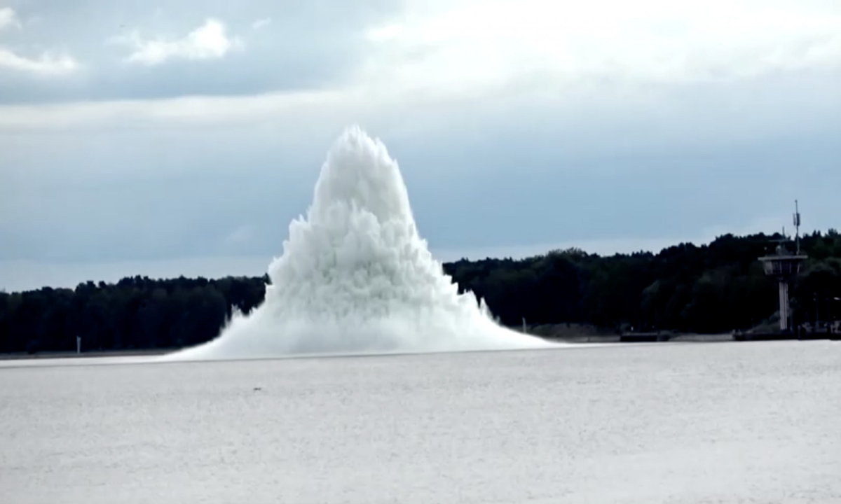 Tallboy bomb, the biggest World War Two bomb ever found in Poland, explodes underwater while being defused, in Swinoujscie, Poland, on Oct. 13, 2020. (Polish 8th Coastal Defense Flotilla/Poznan University of Technology/Handout via Reuters)