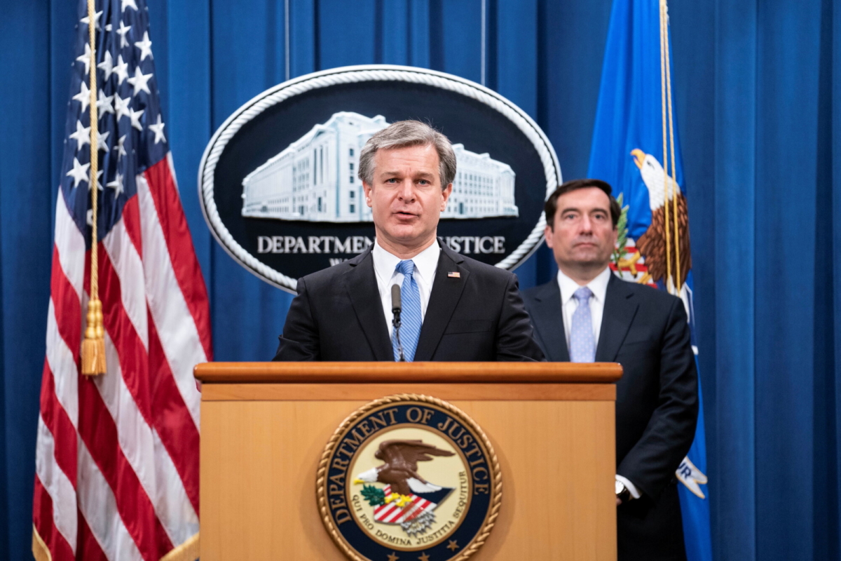 FBI Director Christopher Wray speaks during a press conference at the Department of Justice in Washington, on Oct. 28, 2020. (Sarah Silbiger/Pool via Reuters)