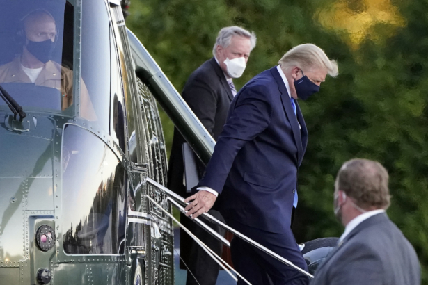 President Donald Trump arrives at Walter Reed National Military Medical Center, in Bethesda, Md., on Marine One helicopter on Oct. 2, 2020. (Jacquelyn Martin/AP Photo)