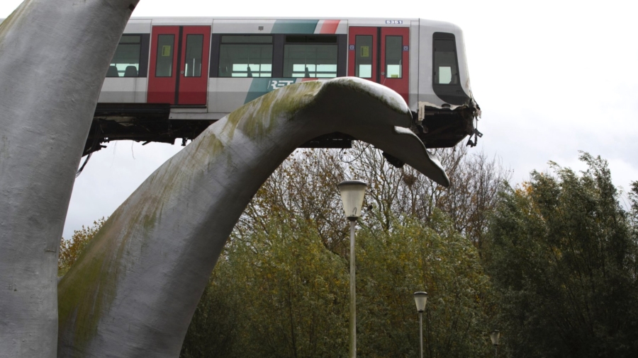 Crashed Dutch Subway Train Lands on Giant Sea Creature Sculpture