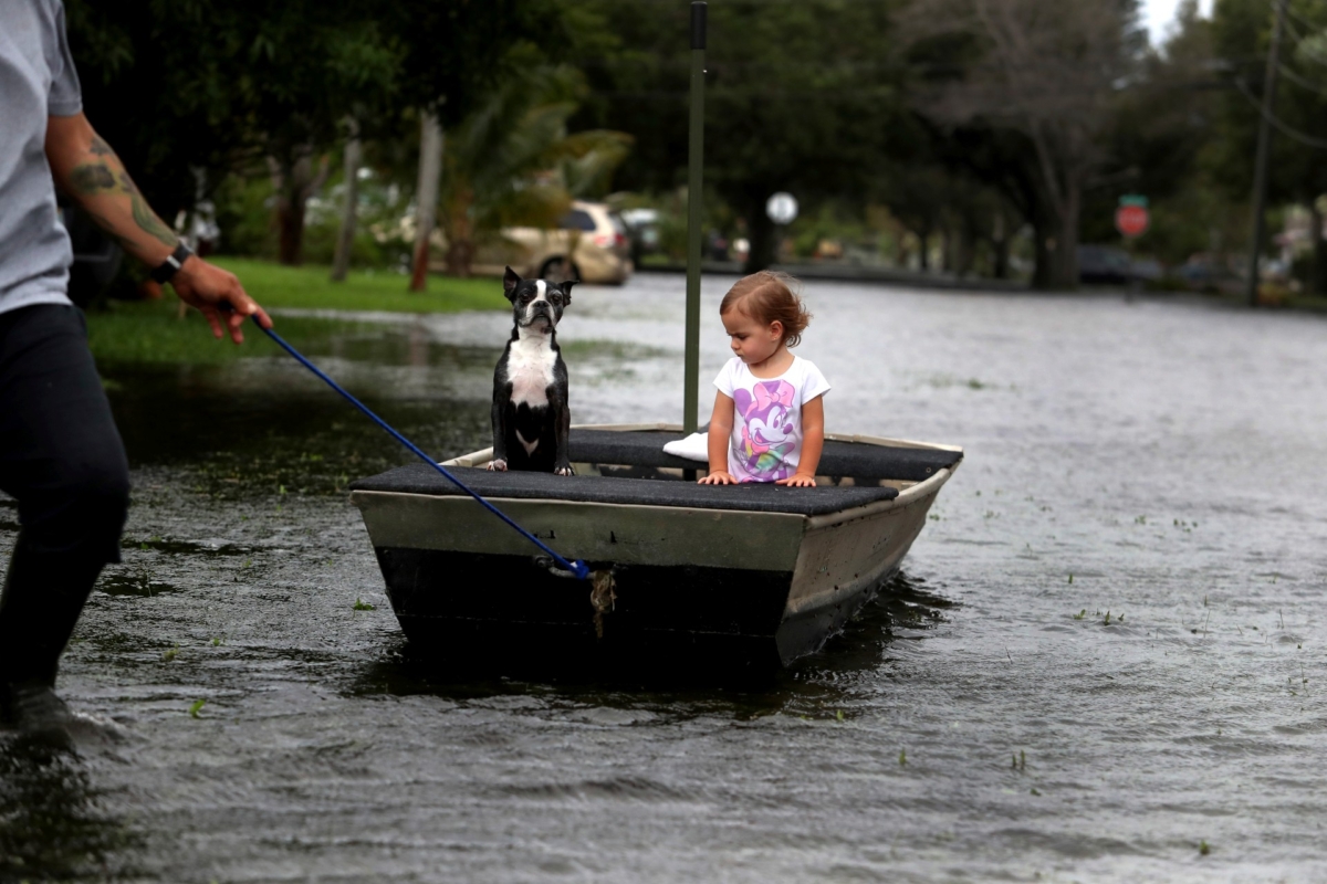 Lemay Acosta pulls his daughter Layla, 2, and dog Buster on a boat as they tour his flooded neighborhood in Plantation, a day after Tropical Storm Eta made landfall in the Florida Keys and flooded parts of South Florida, Fla., on Nov. 9, 2020. (Carline Jean/South Florida Sun-Sentinel via AP)