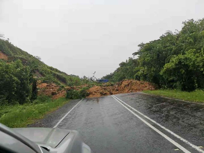 A landslide is seen on Kings Road in Viwa, as Cyclone Yasa passes through Fiji, Dec. 17, 2020, in this photo obtained from social media. (Fiji Roads Authority/via Reuters)