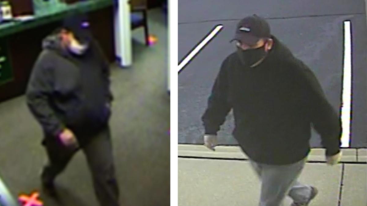 This collage of pictures shows the surveillance footage of a man wanted for allegedly robbing two banks in Asheville, North Carolina. (Asheville Police Department)