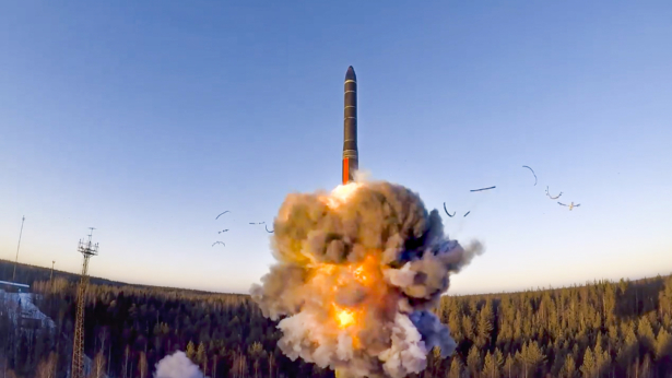 A Russian rocket launches from a missile system as part of a drill, a ground-based intercontinental ballistic missile was launched from the Plesetsk facility in northwestern Russia, on Dec. 9, 2020. (Russian Defense Ministry Press Service via AP)