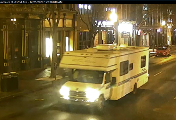 This image taken from surveillance video provided by Metro Nashville PD shows a recreational vehicle that was involved in a blast in Nashville, Tenn. on Dec. 25, 2020. (Metro Nashville PD via AP)
