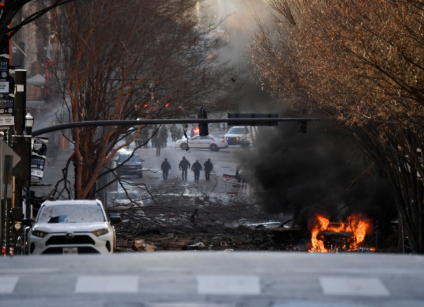 A vehicle burns near the site of an explosion in the area of Second and Commerce in Nashville, Tenn. on Dec. 25, 2020. (Andrew Nelles/Tennessean.com/USA TODAY NETWORK via REUTERS)