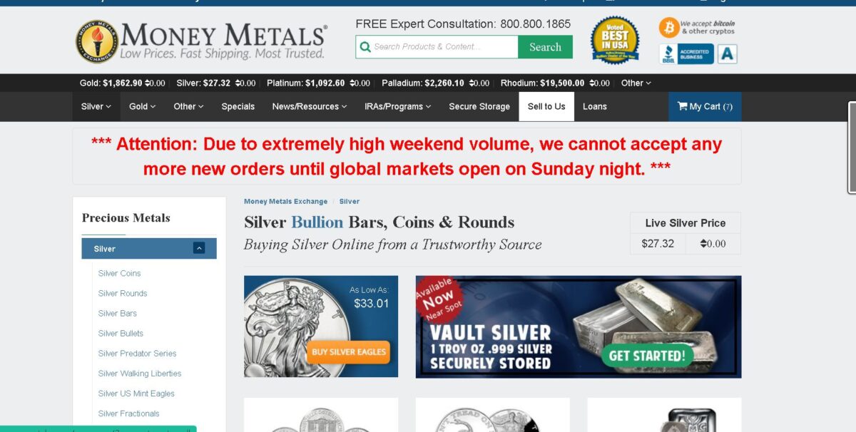 A screenshot taken on noon at Sunday of Moneymetals.com (Screenshot/The Epoch Times)