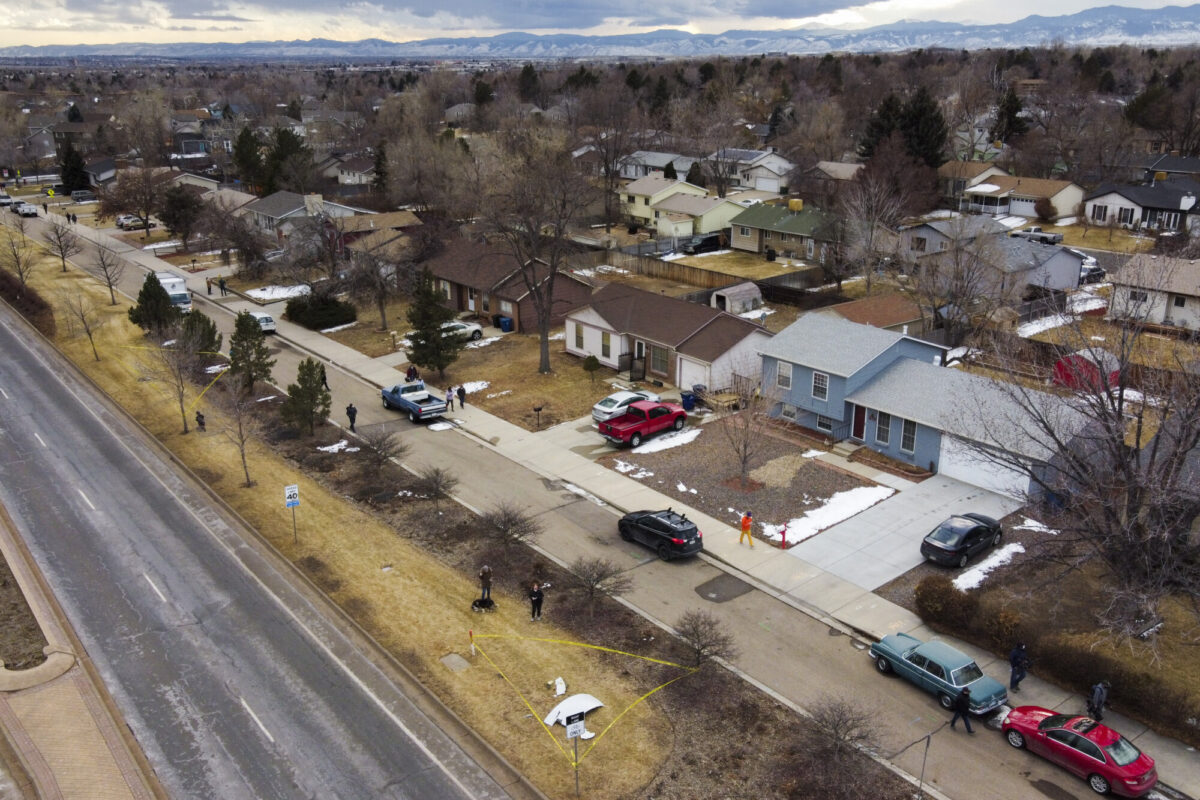 A piece of an airplane engine that fell from Boeing 777 sits in the median of Sheridan Boulevard in Broomfield, Colo., on Feb. 20, 2021. (Michael Ciaglo/Getty Images)