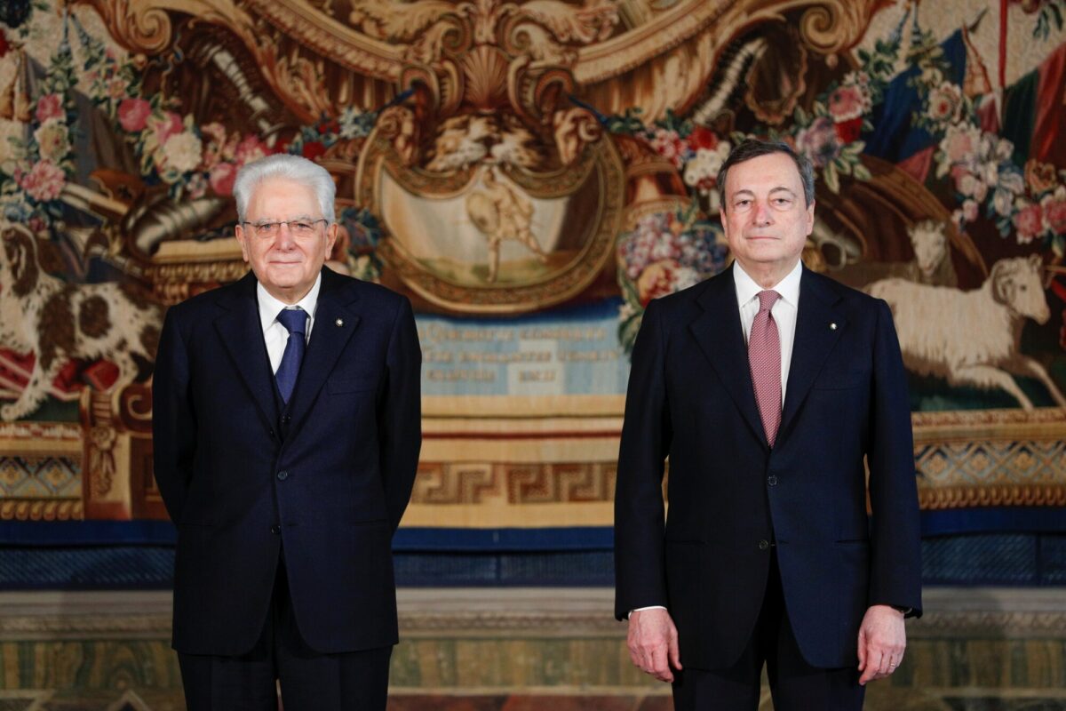 Italian President Sergio Mattarella and Prime Minister Mario Draghi, at the Quirinale Presidential Palace in Rome, Italy, Feb. 13, 2021. (Guglielmo Mangiapane/Reuters, Pool)