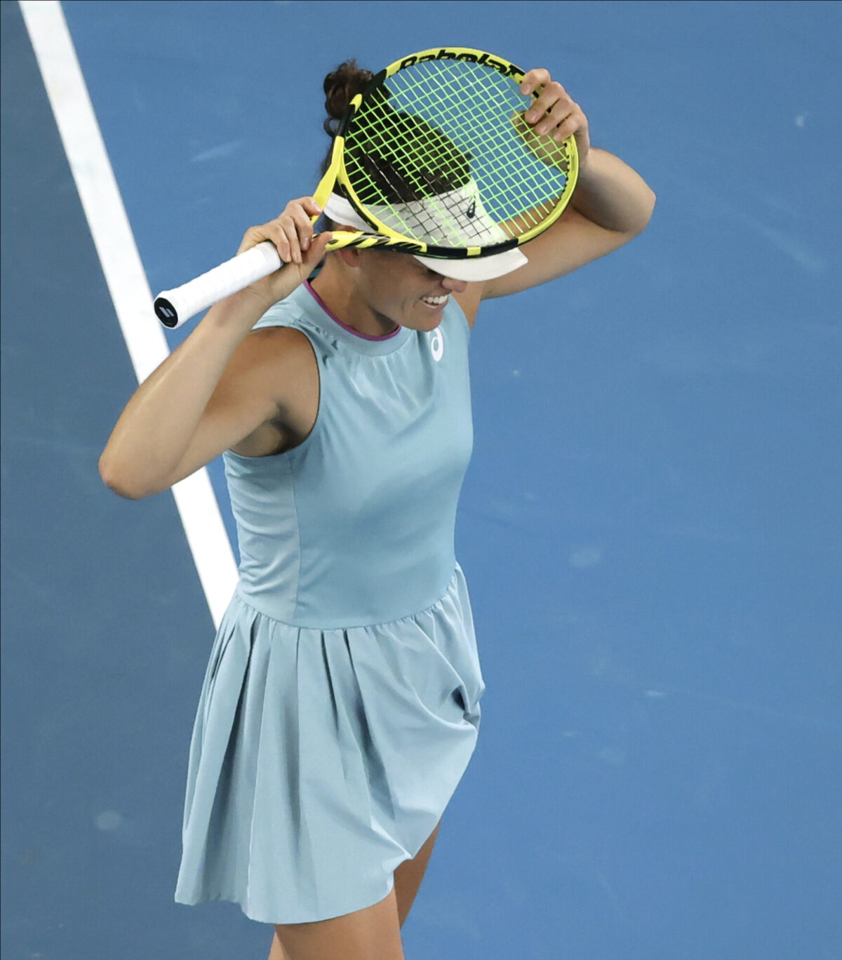 United States' Jennifer Brady reacts after losing a point to Japan's Naomi Osaka during the women's singles final at the Australian Open tennis championship in Melbourne, Australia, Saturday, Feb. 20, 2021. (Hamish Blair/AP)