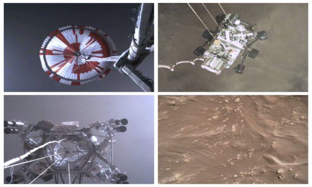 This combination of images from video made available by NASA shows steps in the descent of the Mars Perseverance rover as it approaches the surface of the planet on Feb. 18, 2021. (NASA/JPL-Caltech via AP)