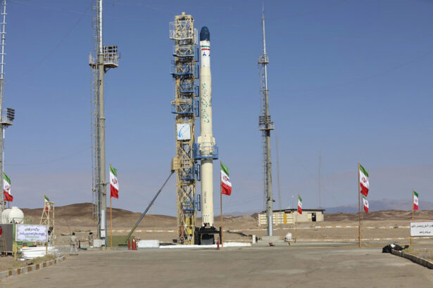 The launch of Iran's newest satellite-carrier rocket is shown at an undisclosed location in Iran, on Feb. 1, 2021. (Iranian Defense Ministry via AP)