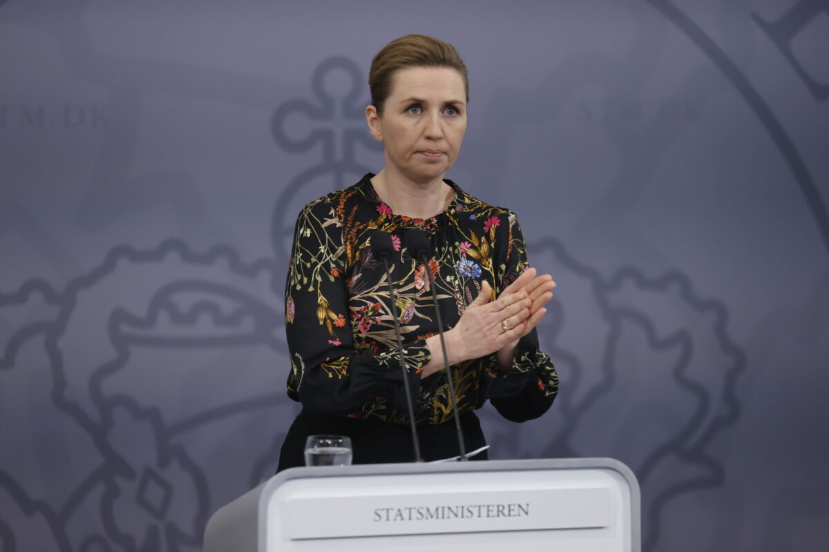 Denmark's Prime Minister Mette Frederiksen addresses a press conference in the Prime Minister's Office in Copenhagen, Denmark, on Feb. 24, 2021. (Jens Dresling/Ritzau Scanpix/AFP via Getty Images)