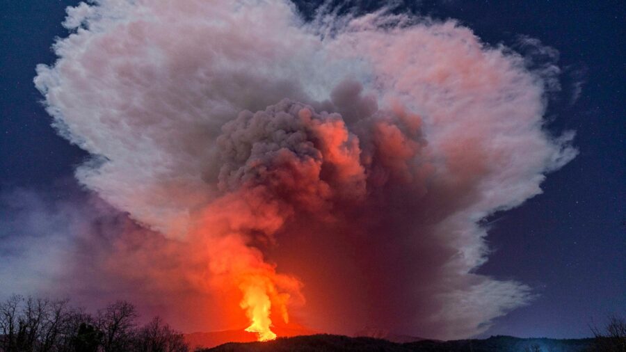 Etna Keeps Up Its Spectacular Explosions; Ash Rains on Towns