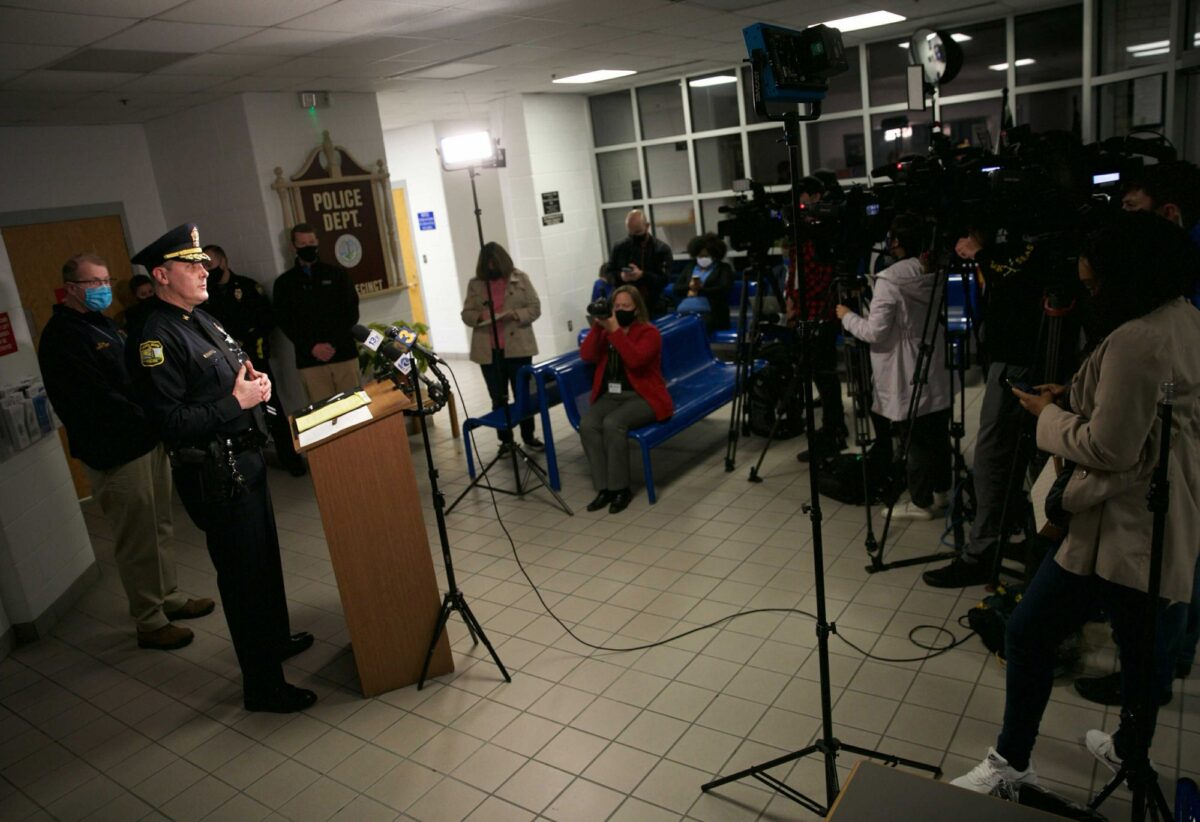 Virginia Beach Police Chief Paul Neudigate addresses media in the lobby of the Virginia Beach Police Department Second Precinct in Virginia Beach, Va., on March 27, 2021. (Kristen Zeis/The Virginian-Pilot via AP)