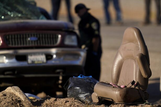 A law enforcement officer examines the scene