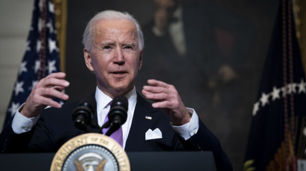 President Joe Biden speaks about the CCP virus pandemic in the State Dining Room of the White House in Washington on Jan. 26, 2021. (Doug Mills-Pool/Getty Images)