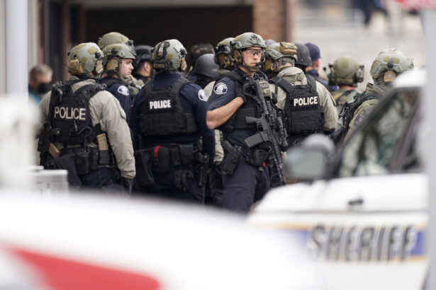 Police outside a King Soopers grocery store where a shooting took place in Boulder, Colorado, on March 22, 2021. (AP Photo/David Zalubowski)