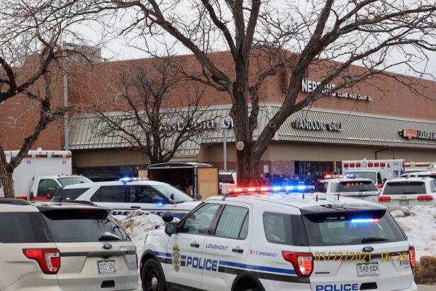 Police vehicles are seen at the scene where an active shooter was reported at a grocery store in Boulder, Colorado, March 22, 2021 in this picture obtained from social media. (Cecil Disharoon/via Reuters)