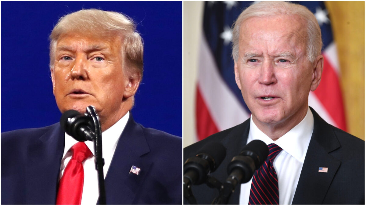 (Left) Former President Donald Trump addresses the Conservative Political Action Conference held in the Hyatt Regency in Orlando, Fla., on Feb. 28, 2021. (Joe Raedle/Getty Images); (Right) President Joe Biden speaks to the media after holding a virtual bilateral meeting with Canadian Prime Minister Justin Trudeau in the East Room of the White House in Washington, on Feb. 23, 2021. (Saul Loeb/AFP via Getty Images)