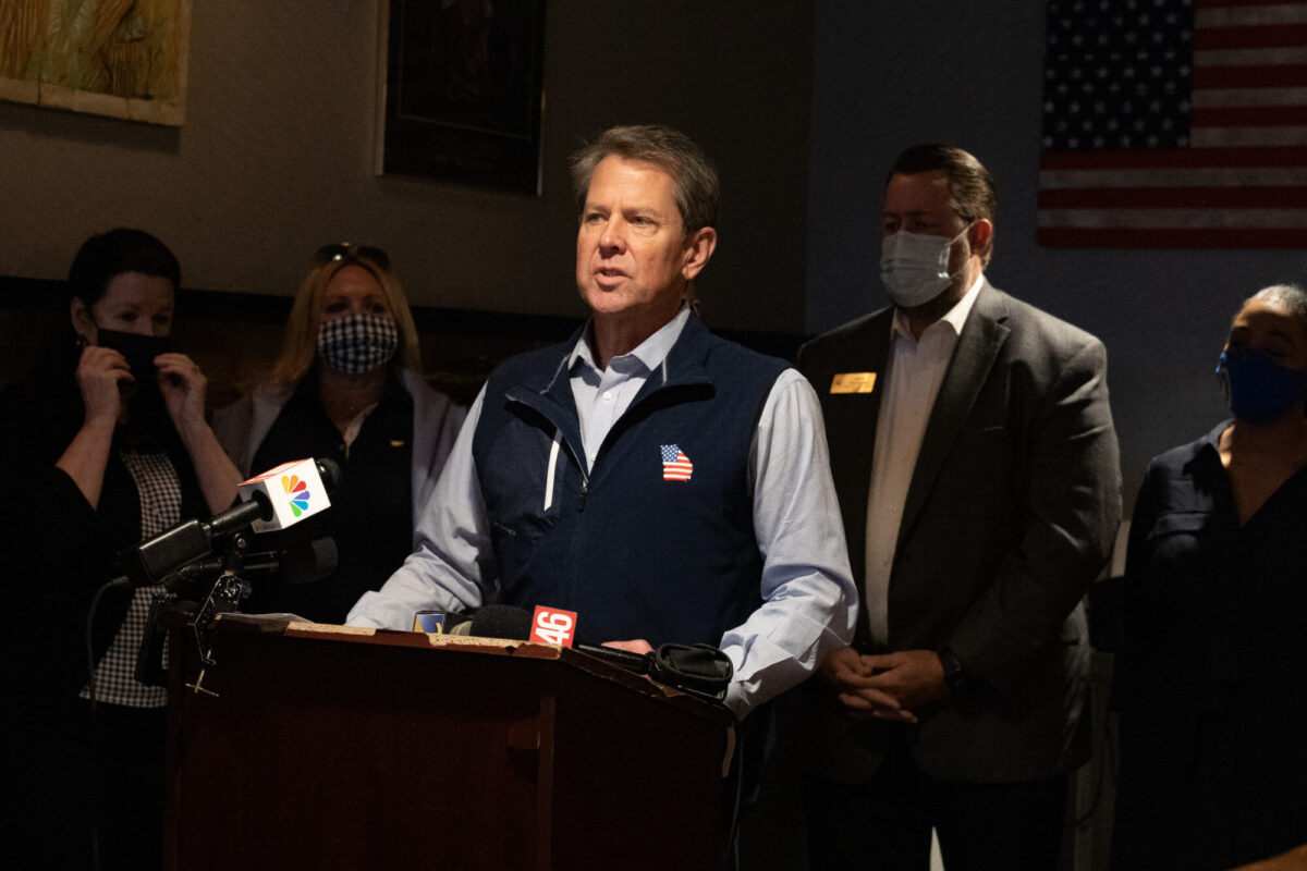 Georgia Gov. Brian Kemp speaks at a news conference about the state's new Election Integrity Law that passed this week at AJ’s Famous Seafood and Poboys in Marietta, Ga., on April 10, 2021. (Megan Varner/Getty Images)