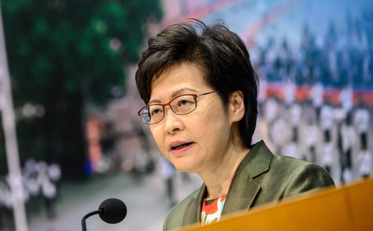 Hong Kong's Chief Executive Carrie Lam speaks during a press conference at the government headquarters in Hong Kong, on April 13, 2021. (Anthony Wallace/AFP via Getty Images)