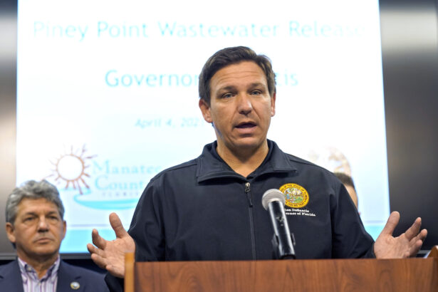 Florida Gov. Ron DeSantis gestures during a news conference at the Manatee County Emergency Management office in Palmetto, Fla., on April 4, 2021. (Chris O'Meara/AP Photo)