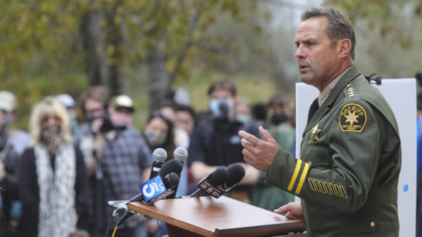 San Luis Obispo County Sheriff Ian Parkinson answers questions at a press conference in San Luis Obispo, Calif., on April 13, 2021, on arrests connected to the disappearance of Kristin Smart. (David Middlecamp/The Tribune (of San Luis Obispo) via AP)