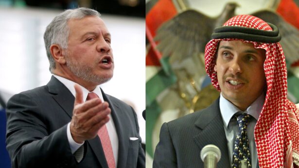 (L) King of Jordan Abdullah II addresses the European Parliament in Strasbourg, France, Jan. 15, 2020. (Vincent Kessler/Reuters). (R) Jordan’s Crown Prince Hamza bin Hussein delivers a speech to Muslim clerics and scholars at the opening ceremony of a religious conference at the Islamic Al al-Bayet University in Amman, Jordan, on Aug. 21, 2004. (Ali Jarekji/Reuters)