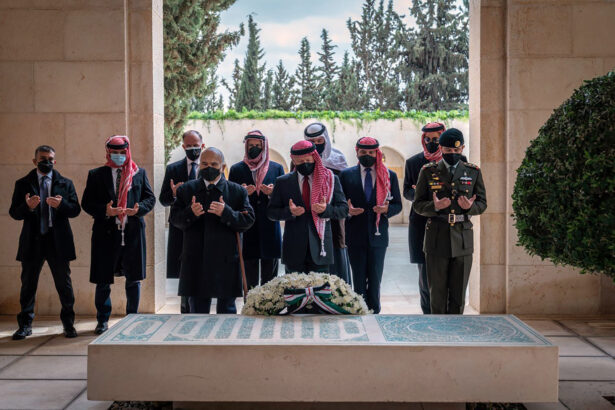 Jordan’s King Abdullah II, center, Prince Hamzah bin Al Hussein, second left, and others during a visit to the tomb of the late King Hussein, in Amman Jordan, on April 11, 2021. (Royal Court Twitter Account via AP)