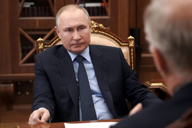 Russian President Vladimir Putin listens to General Director of the Russian Direct Investment Fund Krill Dmitriev at the Kremlin in Moscow, Russia, on April 2, 2021. (Alexei Druzhinin/Sputnik, Kremlin Pool Photo via AP)