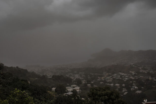 A cloud of volcanic ash hovers over Kingstown, on the eastern Caribbean island of St. Vincent, on April 10, 2021, a day after the La Soufriere volcano erupted. (Lucanus Ollivierre/AP)