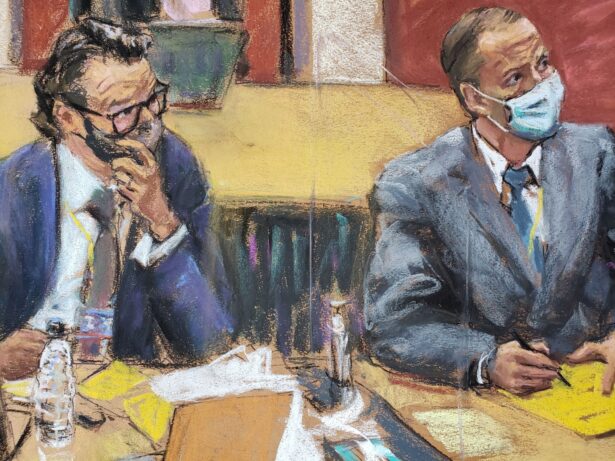Former Minneapolis police officer Derek Chauvin, accompanied by his defense attorney Eric Nelson, attends the fourth day of his trial for second-degree murder, third-degree murder and second-degree manslaughter in the death of George Floyd in Minneapolis, Minn., on April 1, 2021, in this courtroom sketch. (Jane Rosenberg/Reuters)