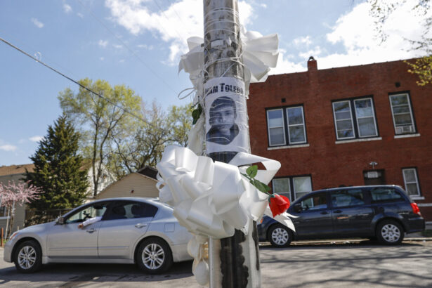 A small memorial is seen where 13-year-old Adam Toledo was shot and killed by a Chicago Police officer in the Little Village neighborhood in Chicago, Ill., on April 15, 2021. (Kamil Krzaczynski/Getty Images)