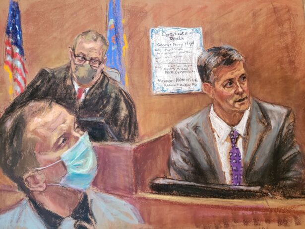 In this courtroom sketch, Hennepin County medical examiner Dr. Andrew Baker testifies as Judge Peter Cahill, top left, and former Minneapolis police officer Derek Chauvin listen, on the tenth day of the trial of Chauvin for second-degree murder, third-degree murder, and second-degree manslaughter in the death of George Floyd in Minneapolis, Minn., on April 9, 2021. (Jane Rosenberg/Reuters)