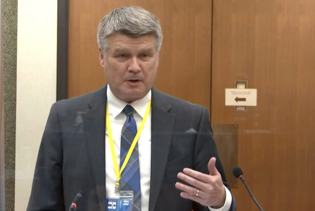 Assistant Minnesota Attorney General Matthew Frank speaks as Hennepin County Judge Peter Cahill discusses motions before the court, in the trial of former Minneapolis police Officer Derek Chauvin in the death of George Floyd, at the Hennepin County Courthouse in Minneapolis, Minn., on April 12, 2021. (Court TV via AP/Pool)