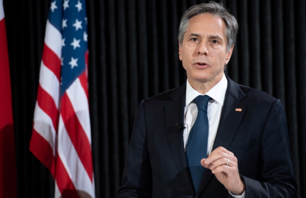 U.S. Secretary of State Antony Blinken speaks at a news conference following meetings at the Danish Foreign Ministry, Eigtved's Warehouse, in Copenhagen, Denmark, on May 17, 2021. (Saul Loeb/Pool via Reuters)