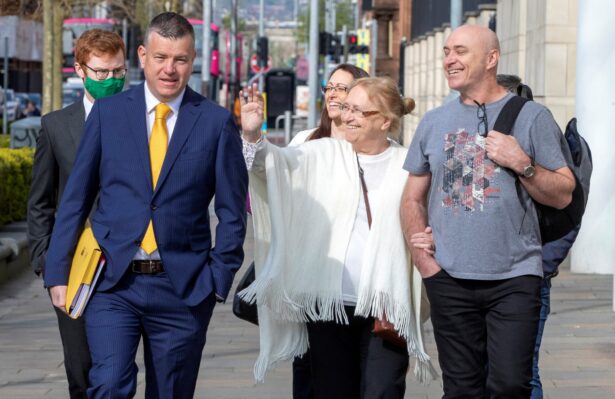 Relatives of Joe McCann arrive with solicitor Niall Murphy at Belfast Crown Court, in Belfast, Northern Ireland, on April 26, 2021. (Paul Faith/AFP via Getty Images)