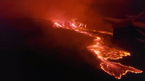 An aerial view shows lava flowing from the volcanic eruption of Mount Nyiragongo near Goma, in the Democratic Republic of Congo, on May 22, 2021. (The United Nations Organization Stabilization Mission in the Democratic Republic of the Congo/Handout via Reuters)