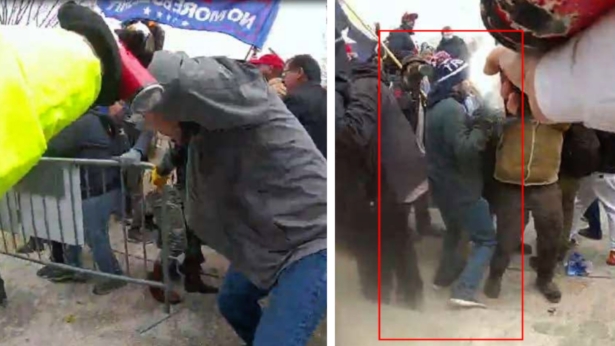 Julian Khater (left) is observed holding a canister in his right hand; Khater (right) is again observed spraying a substance in the direction of law enforcement officers on Jan. 6, 2021, in Washington D.C. (Courtesy of Department of Justice)