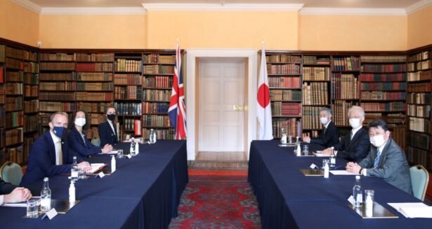 Britain's Foreign Secretary Dominic Raab (L) meets with Japan's Foreign Minister Toshimitsu Motegi in Kent, Britain, on May 3, 2021. (Tom Nicholson/Pool/Reuters)